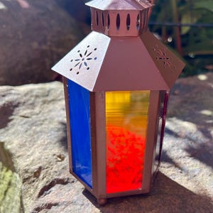 Stained Glass Small Lantern: Bronze Metal, Romantic Decor (6x4 inches)
