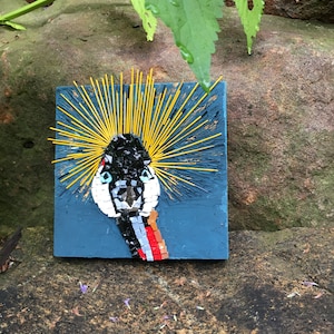 Funny Bird- Small Mosaic, Wall art with Italian smalti, glass filati on a textured panel, abstract bird with spiky hair and attitude, gift