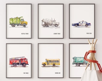 Set of 6 Construction Vehicle Prints, Kids Gallery Wall Set, Truck Wall Art, Fire Truck Nursery, Watercolor Painting, Dump Truck Decor, 147