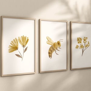 Boho Floral Bee Art Prints, Yellow Nursery Wall Art, Nursery Decor, Play Room, Baby Room Ideas, Set of 3