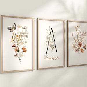 Personalized Set of 3 Boho Wildflowers Floral Art Prints, Leaf, Botanical, Bloom Bouquet, Nursery Decor, Play Room, Girl Baby Room Ideas 096