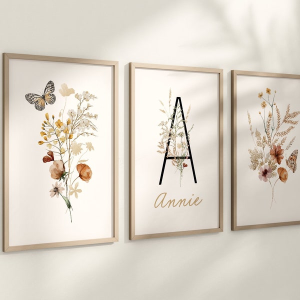 Personalized Set of 3 Boho Wildflowers Floral Art Prints, Leaf, Botanical, Bloom Bouquet, Nursery Decor, Play Room, Girl Baby Room Ideas 096