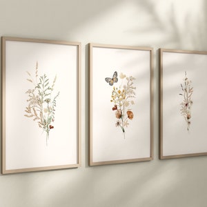 Set of 3 Boho Wildflowers Floral Art Prints, Minimalist Wall Art, Meadows, Bloom Bouquet, Nursery Decor, Play Room, Girl Baby Room Ideas 045