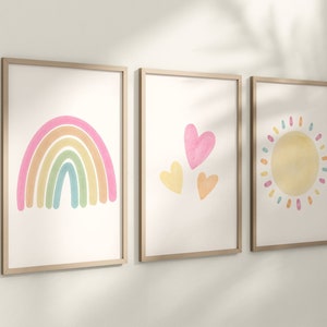 Pastel Rainbow Sun Hearts Set of 3 Nursery Art Prints, Weather colorful Nursery Wall Art, Nursery Decor, Play Room, Baby Room Ideas, 064