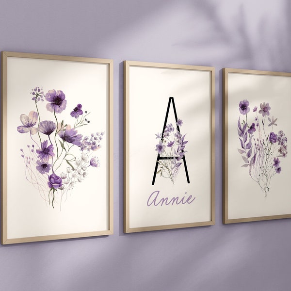 Personalized Set of 3 Purple Boho Wildflowers Floral Art Prints, Wall Art, Bloom Bouquet, Nursery Decor, Play Room, Girl Baby Room Ideas 129