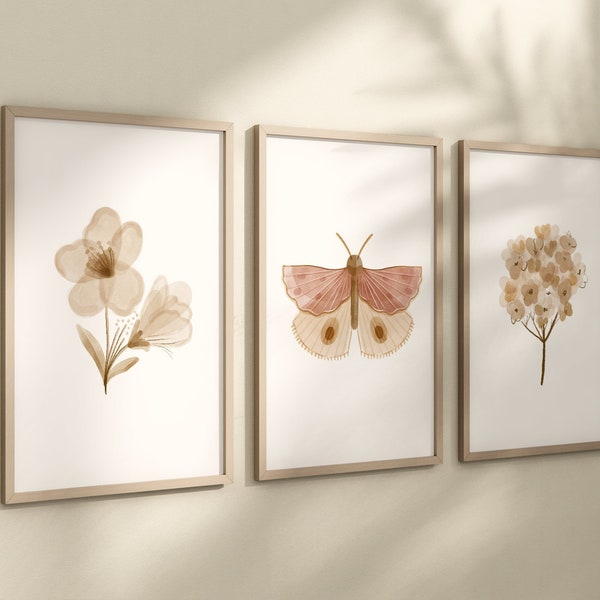 Boho Butterfly Floral Set of 3 Nursery Art Prints, Butterfly Nursery Wall Art, Neutral Nursery Decor, Play Room, Girl Baby Room Ideas, 008