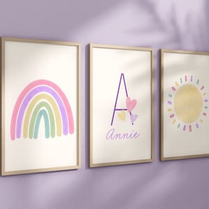 Personalized Pastel Purple Rainbow Sun Hearts Set of 3 Nursery Art Prints, Colorful Nursery Wall Art, Decor, Play Room, Baby Room Ideas, 104