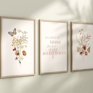 Set of 3 Boho Wildflowers Floral Art Prints, Leaf Art, Botanical Meadows, Bloom Bouquet, Nursery Decor, Play Room, Girl Baby Room Ideas 060