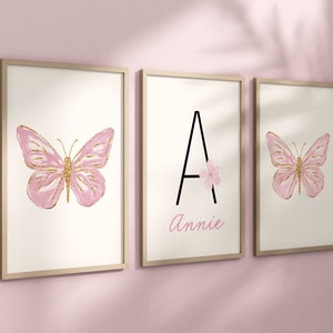 Personalized Pink Butterflies Set of 3 Nursery Art Prints, Butterfly Wall Art, Glitter Nursery Decor, Play Room, Girl Baby Room Ideas, 116 Premium Paper Stock
