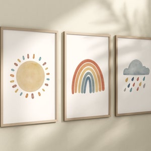 Boho Rainbow Sun Cloud Set of 3 Nursery Art Prints, Weather colorful Nursery Wall Art, Nursery Decor, Play Room, Baby Room Ideas, 007