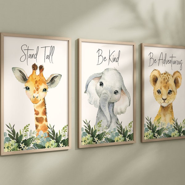 Set of 3 Safari Animal Nursery Prints, Jungle Animals, Greenery, Boy Nursery Wall Art, Shower Gift, Printed, 055