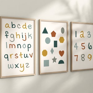 Set of 3 Alphabet and Shapes Nursery Art Prints, Education Wall Decor, Boys Nursery, Nursery Decor, Play Room, Baby Boy Room Ideas 062