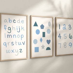 Set of 3 Blue Alphabet and Shapes Nursery Art Prints, Education Wall Decor, Boys Nursery, Nursery Decor, Baby Boy Play Room Ideas 067