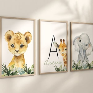 Personalized Set of 3 Safari Animal Nursery Prints, Jungle Animals, Greenery, Boy Nursery Wall Art, Shower Gift, Printed, 109