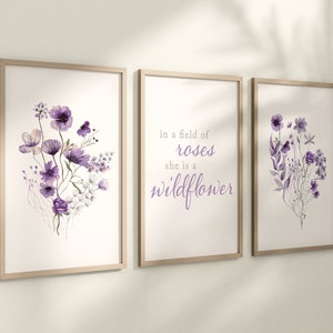 Set of 3 Boho Lavender Wildflowers Floral Art Prints, Leaf Art, Botanical,  Bloom Bouquet, Nursery Decor, Girl Baby Room Ideas 086