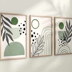 Set of 3 Boho Abstract Wall Sage Green Art Prints, Emerald Green ...