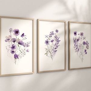 Set of 3 Purple Boho Wildflowers Floral Art Prints, Wall Art, Meadows, Bloom Bouquet, Nursery Decor, Play Room, Girl Baby Room Ideas 088