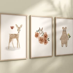 Boho Woodland Floral Animal Set of 3 Nursery Art Prints, Floral Nursery Wall Art, Neutral Nursery Decor, Play Room, Girl Baby Room Ideas,002