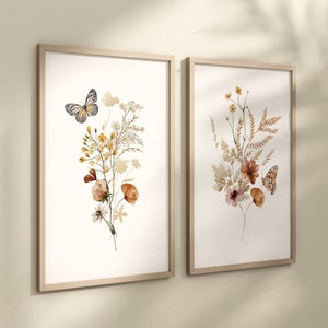 Set of 2 Boho Wildflowers Floral Art Prints, Minimalist Wall Art, Meadows, Bloom Bouquet, Nursery Decor, Play Room, Butterfly Room Ideas,053