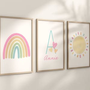 Personalized Pastel Rainbow Sun Hearts Set of 3 Nursery Art Prints, Colorful Nursery Wall Art, Decor, Play Room, Baby Room Ideas, 098 Premium Paper Stock