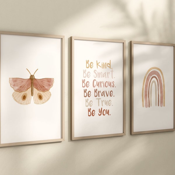 Boho Butterfly Floral Set of 3 Nursery Art Prints, Rainbow Nursery Wall Art, Be You, Neutral Nursery, Play Room, Girl Baby Room Ideas 028