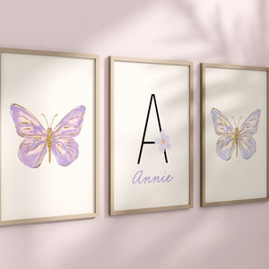 Personalized Purple Butterflies Set of 3 Nursery Art Prints, Butterfly Wall Art, Glitter Nursery Decor, Play Room, Girl Baby Room Ideas, 107