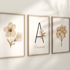 Personalized Boho Floral Set of 3 Nursery Art Prints, Nursery Wall Art, Neutral Nursery Decor, Play Room, Girl Baby Room, 097