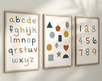 Set of 3 Alphabet and Shapes Nursery Art Prints, Education Wall Decor, Boys Nursery, Nursery Decor, Play Room, Baby Boy Room Ideas 062