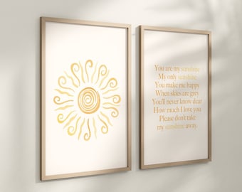 You Are My Sunshine Set of 2 Nursery Prints, Boho Nursery Wall Art, You are my Sunshine Artwork, Sun Nursery Artwork, Boho Nursery, 125