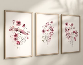 Set of 3 Maroon Boho Wildflowers Floral Art Prints, Wall Art, Meadows, Bloom Bouquet, Nursery Decor, Play Room, Girl Baby Room Ideas 089