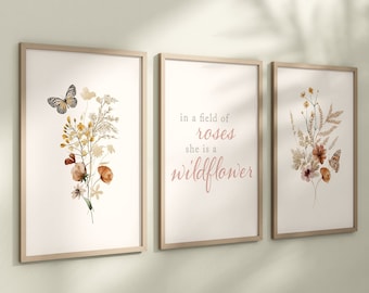 Set of 3 Boho Wildflowers Floral Art Prints, Leaf Art, Botanical Meadows, Bloom Bouquet, Nursery Decor, Play Room, Girl Baby Room Ideas 060