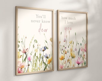 Set of 2 Boho Floral Nursery art prints, Gender Neutral, Girl Wildflower Prints, Pastel Colors, Nursery quotes, new baby gift, 140