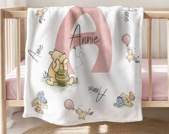 Classic Winnie the Pooh Personalized Nursery Blanket, Pink, Blue, Gender Neutral, Baby Shower Gift, Teddy Bear