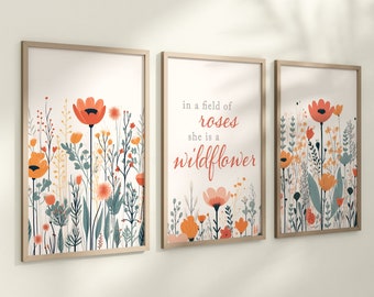 Set of 3 Pastel Wildflowers Floral Art Prints, Leaf Art, Botanical, Bloom Bouquet, Nursery Decor, Play Room, Girl Baby Room Ideas 101