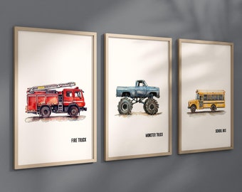 Set of 3 Construction Vehicle Prints, Kids Gallery Wall Set, Truck Wall Art, Fire Truck Nursery, Watercolor Painting, Dump Truck Decor, 147