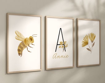 Personalized Set of 3 Boho Floral Bee Art Prints, Bumble Bee, Yellow Nursery Wall Art, Nursery Decor, Play Room, Baby Room Ideas, 113