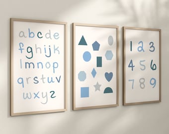 Set of 3 Blue Alphabet and Shapes Nursery Art Prints, Education Wall Decor, Boys Nursery, Nursery Decor, Baby Boy Play Room Ideas 067