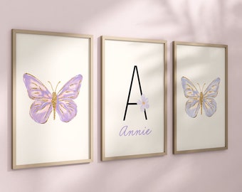 Personalized Purple Butterflies Set of 3 Nursery Art Prints, Butterfly Wall Art, Glitter Nursery Decor, Play Room, Girl Baby Room Ideas, 107