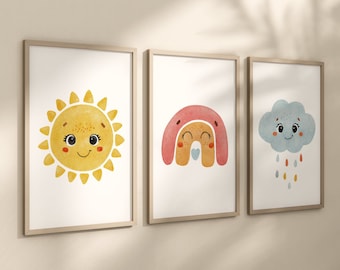 Rainbow Sun Cloud Set of 3 Nursery Art Prints, Weather colorful Nursery Wall Art, Nursery Decor, Play Room, Baby Room Ideas, 126