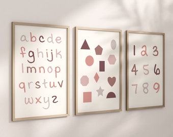 Set of 3 Pink Alphabet and Shapes Nursery Art Prints, Education Wall Decor, Girls Nursery, Nursery Decor, Baby Girl Play Room Ideas 066