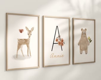 Personalized Boho Woodland Floral Animal Set of 3 Nursery Art Prints, Floral Nursery Wall Art, Neutral Nursery Decor, Baby Room Ideas,103