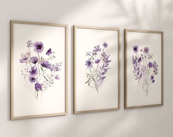 Set of 3 Purple Boho Wildflowers Floral Art Prints, Wall Art, Meadows, Bloom Bouquet, Nursery Decor, Play Room, Girl Baby Room Ideas 088