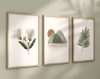 Set of 3 Boho Floral Nursery Prints, Bohemian wall art, Nursery Decor, Watercolor Floral Nursery, Girl Nursery Decor, Sage Green, 056