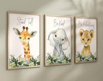 Set of 3 Safari Animal Nursery Prints, Jungle Animals, Greenery, Boy Nursery Wall Art, Shower Gift, Printed, 055