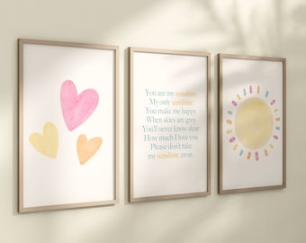 Pastel You Are My Sunshine Set of 3 Nursery Art Prints, Sun, Hearts Nursery Wall Art, Nursery Decor, Play Room, Baby Room Ideas, 080