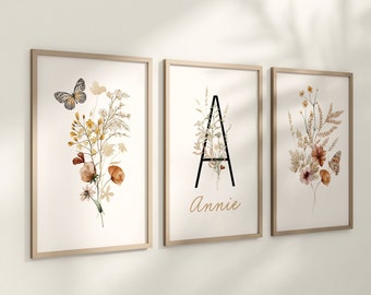 Personalized Set of 3 Boho Wildflowers Floral Art Prints, Leaf, Botanical, Bloom Bouquet, Nursery Decor, Play Room, Girl Baby Room Ideas