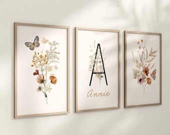 Personalized Set of 3 Boho Wildflowers Floral Art Prints, Leaf, Botanical, Bloom Bouquet, Nursery Decor, Play Room, Girl Baby Room Ideas 096