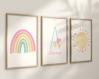 Personalized Pastel Rainbow Sun Hearts Set of 3 Nursery Art Prints, Colorful Nursery Wall Art, Decor, Play Room, Baby Room Ideas, 098