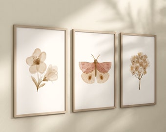 Boho Butterfly Floral Set of 3 Nursery Art Prints, Butterfly Nursery Wall Art, Neutral Nursery Decor, Play Room, Girl Baby Room Ideas, 008