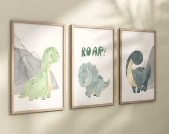 May include: Three framed watercolor illustrations of dinosaurs. The first shows a green dinosaur with a long neck standing in front of a gray mountain. The second shows a blue dinosaur with a frill and the word "ROAR!" in white letters. The third shows a blue dinosaur with a long neck and a tail.